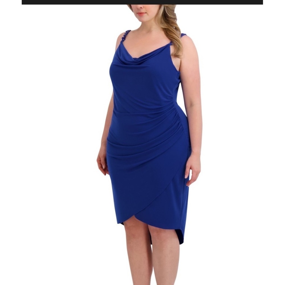Siena Cowl Neck Dress Women 1X New Blue Ruched Chain Strap Cocktail MSRP $128